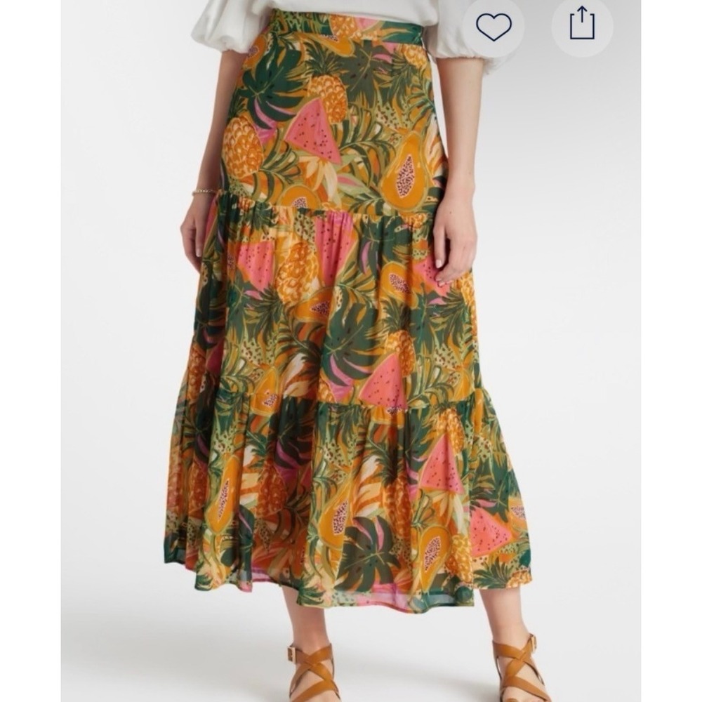 My Danielle Womens Tropical Fruit Print Tiered Maxi Skirt Large Summer Resort